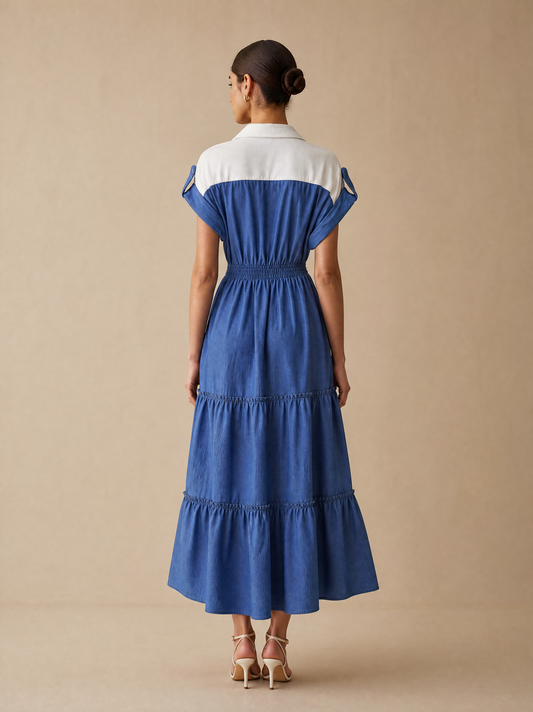 Denim dress with smocked detail and front tie